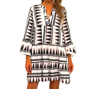 Babydoll Dress Aztec Mod Mini Short Long Bell Sleeve Ruffle Flowy Pink Black XXL